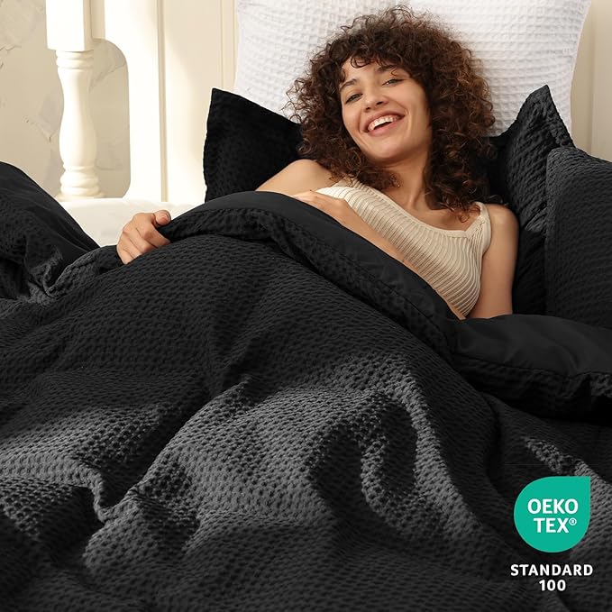 PHF Waffle Weave Duvet Cover Set California King, No Snagging Ultra Soft Luxury Textured Breathable Comforter Cover for All Season 3pcs, Durable Bedding Duvet Set with 2 Pillow Shams, 104"x98", Black