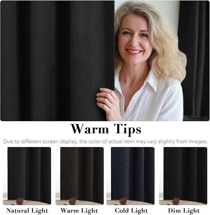 H.VERSAILTEX Blackout Curtains Linen Curtains 120 inches Long 100% Black Out Curtains for Bedroom Windows, Textured Linen Look Draperies Grommet with White Liner, 2 Panels, Black