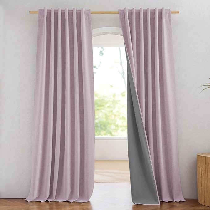 NICETOWN 100% Blackout Curtains for Living Room, 52" Wide Per Panel, Set of 2, Muted Lavender Linen Blend Thermal Insulated Curtains 90" Long, Noise Reducing Window Treatment Drapes for Hall Room