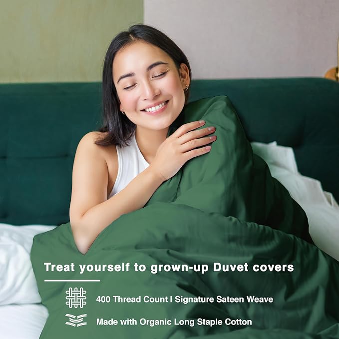 Fabdreams GOTS Certified 100% Organic Cotton Duvet Cover King Size - 400 TC Sateen - Soft - Silky - Button Closure - Edge Ties - 1 Duvet Cover (106"x92")+2 Pillow Shams (20"x36") - Forest Green