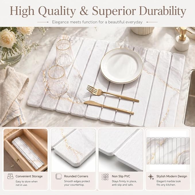 Diatomaceous Earth Dish Drying Mat for Kitchen Counter, Fast Drying Stone Dish Drying Mat with Non-Slip Feet for Dishes, Cups & Bathroom, Coffee Bar & Pet Bowls (White Gold, 24" x 16")