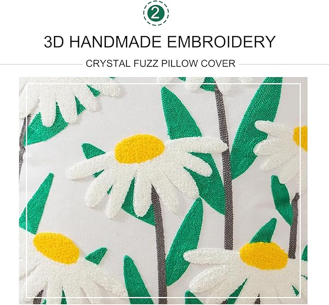 Embroidered Throw Pillow Cover 18x18 Inch,Cotton Canvas Floral Pillow Case, Daisy Wildflower Leaf Boho Farmhouse Decorative Cushion Square for Sofa Bedroom Living Room Outdoor Couch Farmhouse (A009)