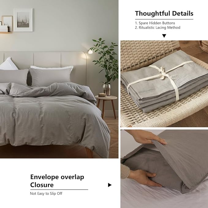 FALUCA French Linen Blend Duvet Cover Set 3Pcs Queen (88"x92") - Soft, Breathable, Cooling Farmhouse Bedding for Hot Sleeper (Queen, Light Grey)