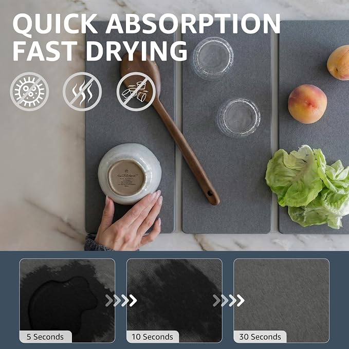 Sisher Large Stone Dish Drying Mat For Kitchen Counter,Quick Dry Diatomaceous Earth Drying,Water Absorbing,Easy To Store,Foldable For Dish Racks, Bottles, Cups, And Cutlery.(24" × 16" Dark Gray)