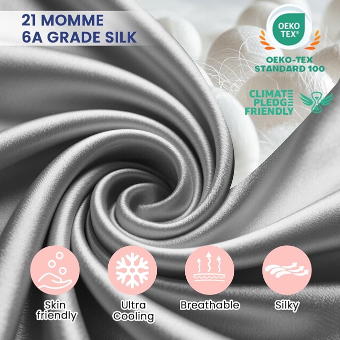 Ravmix 100% Silk Pillow Cases with Zipper, 21momme Mulberry Silk Pillowcase for Hair Skin Health, Soft Smooth Breathable Cool Pillow Cover for Beauty Sleep 1PC(King 20"x36", Space Grey)