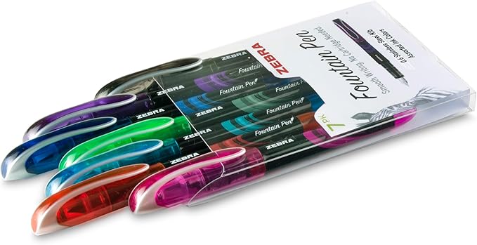 Zebra Pen, Fountain Pen, 0.6mm Fine Point, Stainless Steel Nib, Preloaded Assorted Ink, Smooth Ink Flow, Vibrant Assorted Barrels, No Cartridge Needed, 7-Pack (48307)