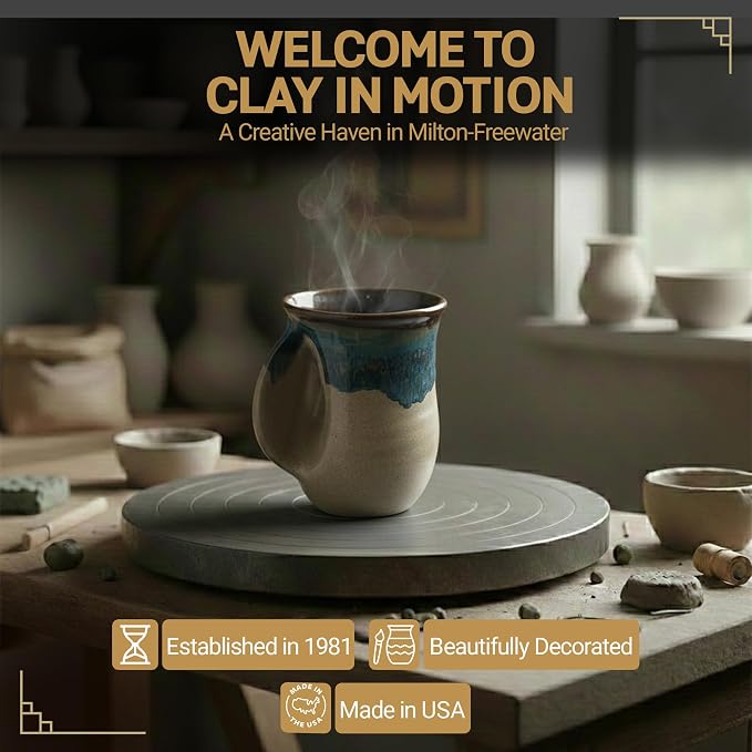 Clay in Motion Hand Warmer Coffee Mug – Handmade Coffee Mug With Comfortable Handle Contoured Pocket Hand Warming Ceramic Coffee Mug – Proudly Made in USA – Left Handed – 14 Oz - Mudslide