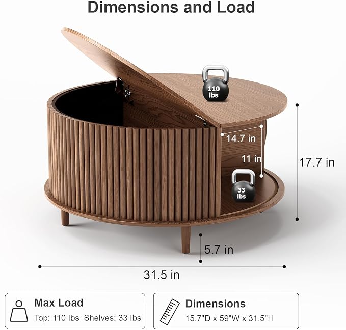 JOINICE 31.5" Round Coffee Table with Storage for Living Room, Walnut | Hidden Storage,Fluted Sliding Door,Mid Century Furniture for Small Apartments,Solid Wood Legs,Easy Assembly,Up to 110 lbs