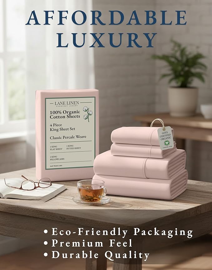 LANE LINEN 100% Organic Cotton King Size Sheets Set, Machine Washable Fully Elasticized Low Pill Fade Resistant Cotton Sheets, Soft & Comfy Percale Eco Friendly All Season sábanas King -Sepia Rose