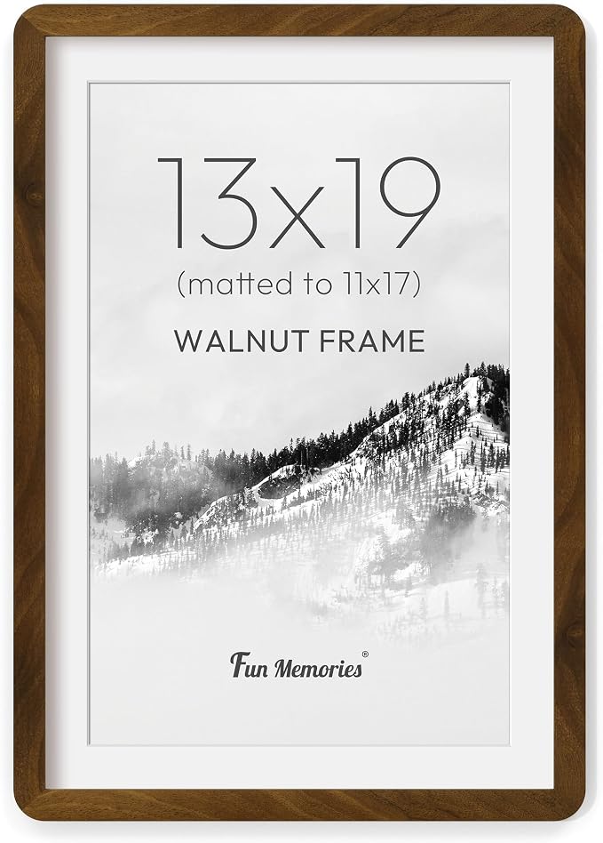 Fun Memories 13x19 Picture Frame - Solid Walnut Wood Frame with Mat for 11x17, 13 By 19 Art Wall Frames with HD Tempered Glass, Horizontal or Vertical Wall Display, Natural Walnut