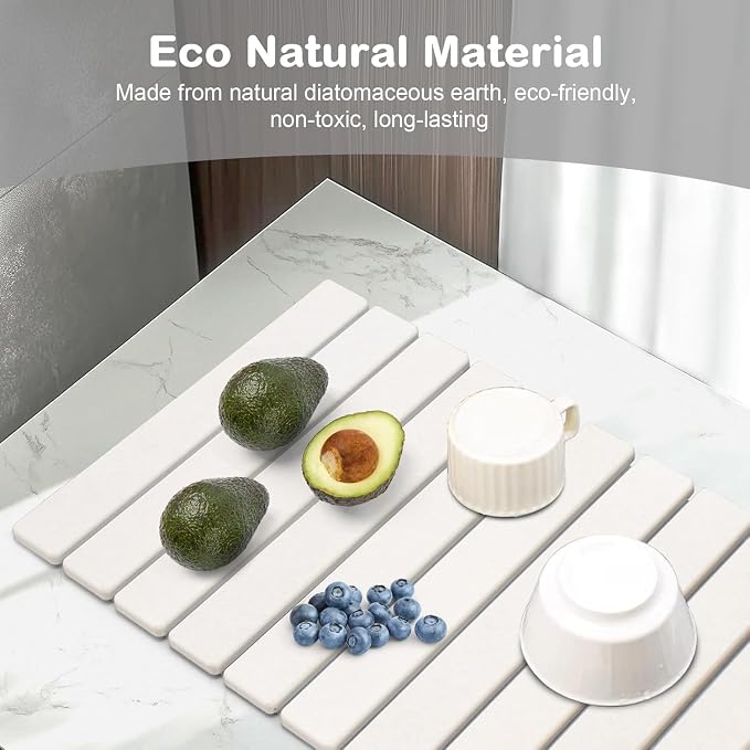 Large Stone Dish Drying Mats for Kitchen Counter, Quick Drying Collapsible Dish Drying Mat, Eco-Friendly Absorbent Diatomaceous Earth Mats for Dishes Cups, Match Any Countertop (White 24"×16" & 8"x4")