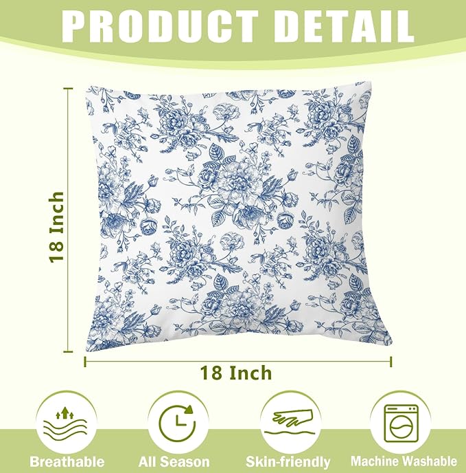 Vintage Blue Toile Floral 18x18 Pillow Cover, French Country Decor, Grandmillennial Blue and White Flower Aesthetic Decorative Throw Pillow Cover for Home Bedroom Living Room
