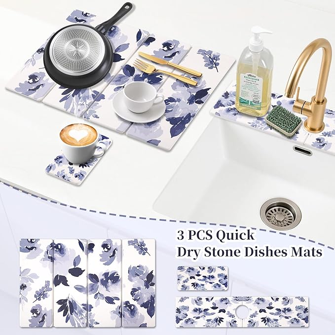 3 PCS Stone Dish Drying Mat for Kitchen Counter, Quick Dry Foldable Stone Dishes Mats, Water Absorbing Diatomaceous Earth Drying Organizer for Dishes Bottles, Cups and Tableware (Blue)