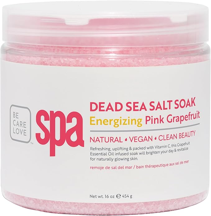 Be Care Love (BCL) Spa Energizing Pink Grapefruit Dead Sea Salt Soak – Professional Uplifting Foot Soak for Pedicure & Manicure, Softens Skin, Relaxing Spa Self Care for Women, Made in USA, 16 oz