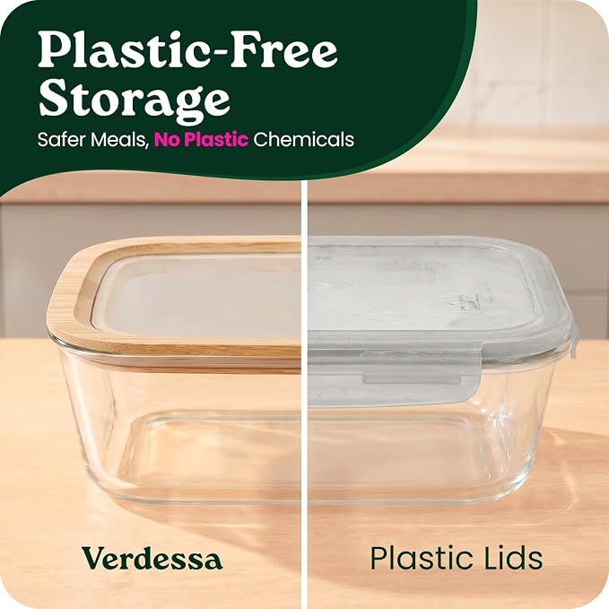 4-Pack Glass Food Storage Containers with Clear-Top Bamboo Lids – Plastic Free 46.7 Oz Glass Meal Prep Containers for Lunch, Eco Friendly Airtight Food Storage, Microwave & Freezer Safe