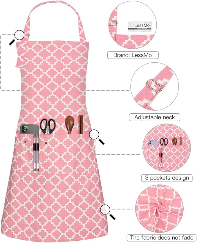 LessMo Kitchen Cooking Aprons with 3 Pockets for Men Women - Cotton Adjustable Professional Grade Chef Apron for Kitchen, BBQ & Grill (Pink)