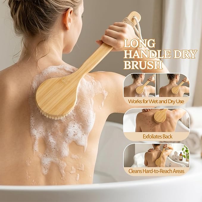 5 Packs Dry Brushing Body Brush Set for Lymphatic Drainage, Cellulite Massager and Scalp Care, Long Handle Dry Brush for Body, Natural Boar Bristle Body Brush Exfoliator