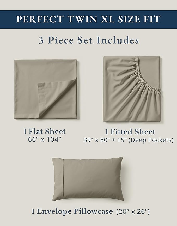 LANE LINEN Twin XL Bed Sheets Set - 100% Mercerized Organic Cotton Twin XL Sheets Set, Soft & Comfy Percale Weave, Machine wash Low Pilling Fade Resistant Luxury Hotel Style Twin XL Sheet Set - Silver