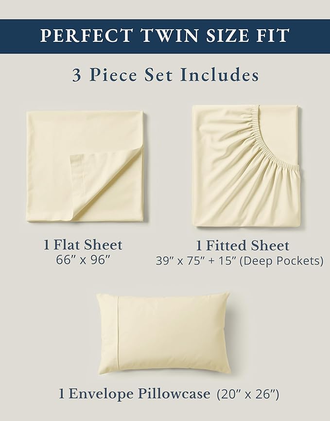 LANE LINEN 100% Organic Cotton Twin Bed Sheet Set, 3 Pc Twin Size Bed Sheets, Soft & Breathable Twin Sheet Set Boys, Hotel Style Bedding Sheets & Pillowcases, 15" Deep Fitted Sheet - Natural