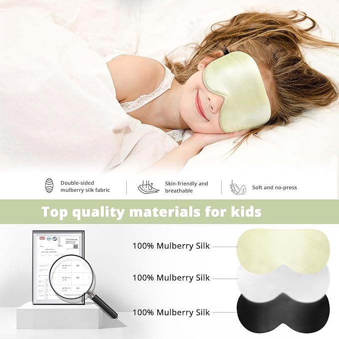 Kids Sleep Mask Eye Cover, 100% Real Natural Pure Silk Eye Mask with Adjustable Strap, Blindfold Kids Eye Mask for Sleeping, Eye Shade for Boys Girls and Adult, Pressure-Free Comfort (Light Green)