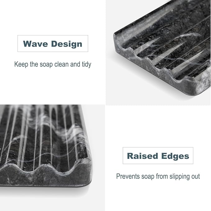 Karibiber Marble Soap Dish, Bar Soap Holder Shower, Black Soaps Bathroom Saver with Water Ripple Design, Easy Cleaning Natural Stone Sponge Holder for Kitchen Sink, Executive Jewelry Ring Tray