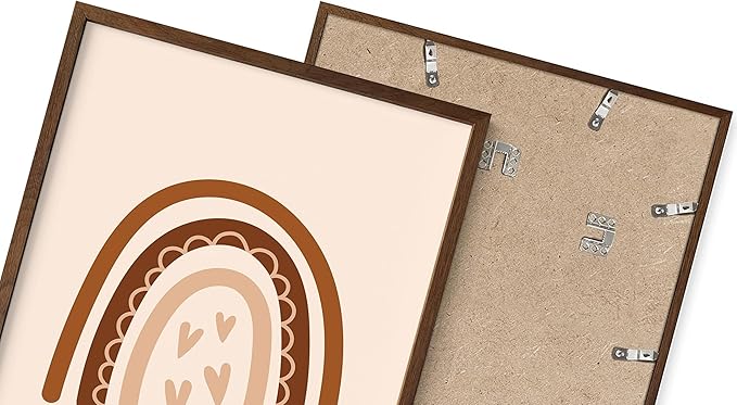 Boho Nursery Rainbow Wall Art with Hearts Earth Tones Terracotta Brown Scandi Minimalist Style 12x16 Inch Oak Wood Walnut Framed Playroom Decor Print for Kids Room