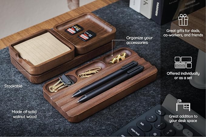 MUUJEE Wooden Desk Organization 4 Piece Set - for Desk Accessories Work Teacher Dad Wood Tray Work Minimalist Rustic