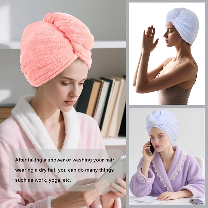 Microfiber Hair Drying Towel Wrap for Women, Hair Turbans Towel for Wet Hair,turbie Twist Hair Towels(The Color of the Picture is for Reference only) (Light Blue,Pink)