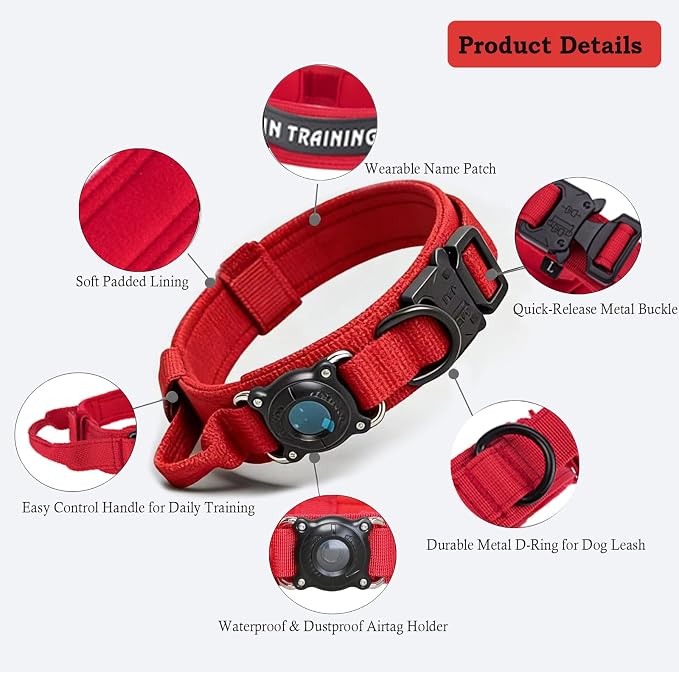 Upgraded AirTag Dog Collar,Waterproof Tactical Dog Collar with AirTag Holder, Control Handle and Metal Buckle,Heavy Duty Dog Collars for Large Dogs(Red，M