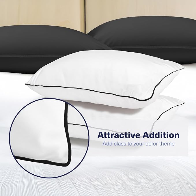 Kickoff Viscose Bamboo Pillowcase, Queen, Set of 2, 100% Organic Hidden Zippered Viscose Bamboo Pillow Case Queen Size, Cooling Pillow Cover for Hot Sleepers (20"x30", Trimmed, Onyx Black)