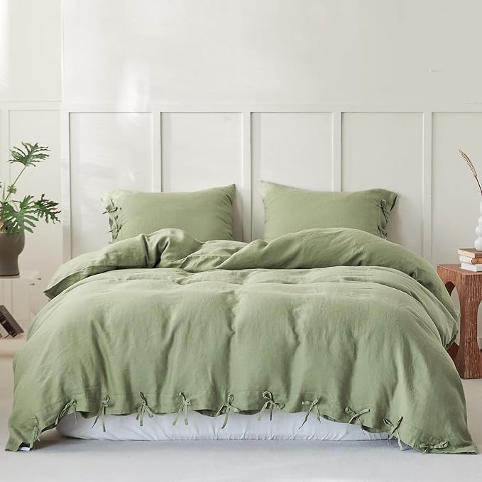 Simple&Opulence 100% Linen Duvet Cover Set 3pcs with Bowknot Ties Closure Natural French Washed Flax Solid Color Soft Breathable Farmhouse Bedding - Sage Green, Queen Size
