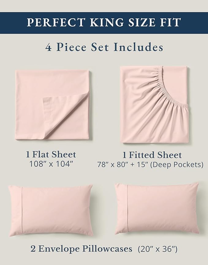 LANE LINEN 100% Organic Cotton King Size Sheets Set, Machine Washable Fully Elasticized Low Pill Fade Resistant Cotton Sheets, Soft & Comfy Percale Eco Friendly All Season sábanas King -Sepia Rose