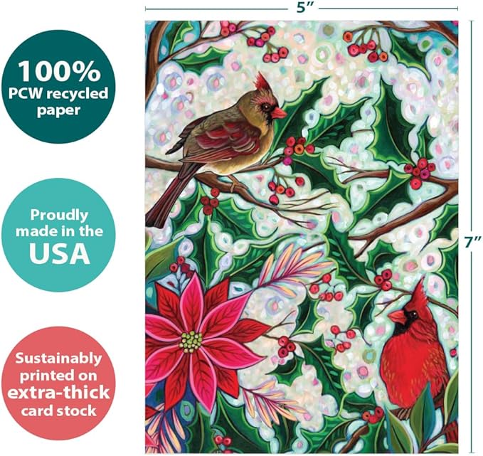 Tree-Free Greetings - Season's Greeting Cards - Artful Designs - 10 Cards + Matching Envelopes - Made in USA - 100% Recycled Paper - 5 x 7 - Holiday Cardinal (HB54444)