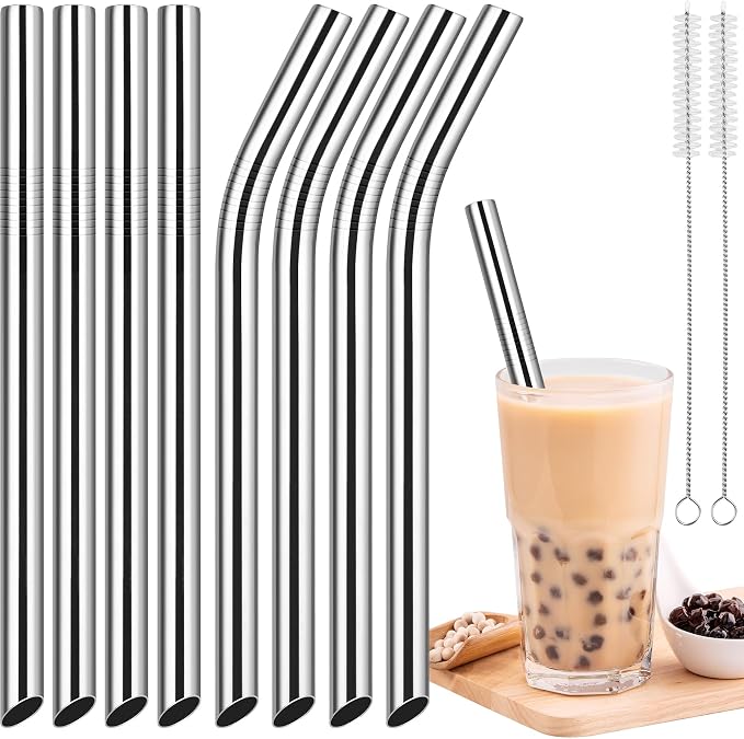 NiHome 8-Pack Stainless Steel Straws for Boba, Smoothie, 10.4” Metal Straws | 0.5'' Extra Wide Metal Reusable Straws, 4 Bent & 4 Straight Long Drinking Straw for Bubble Tea, Milkshake, 2 Brushes, Silver
