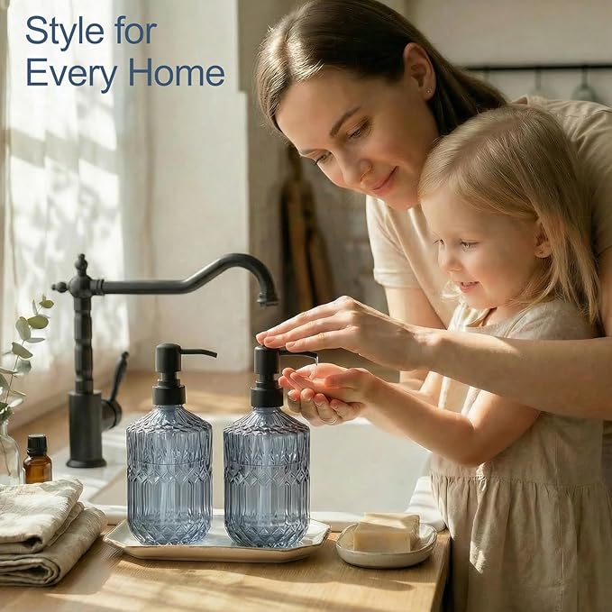 2-Pack Blue Glass Soap Dispenser with Black Rust Proof Pump, Elegant Bathroom Soap Dispenser, Vintage Kitchen Countertop Soap Dispenser for Hand Soap, Dish Soap, Lotion, Body Wash (14 OZ)