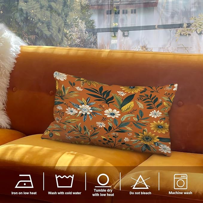 Shrahala Natural Aesthetic Organic Decorative Throw Pillow Cover, Free Form Flowers Earthy Color Lumbar Pillowcase Blended Double-Sided No Inserts for Bedroom Living Room Set of 2 (12 x 20 in)