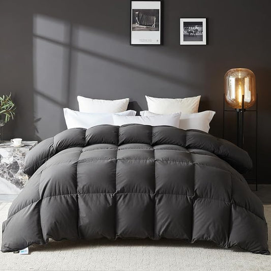 L LOVSOUL Goose Feather Down Fiber Comforter Full Size, 100% Organic Cotton Fabric Duvet Insert,1200TC,750+Fill Power, Hotel Collection, All Season Grey Bedding Comforters with 8 Tabs