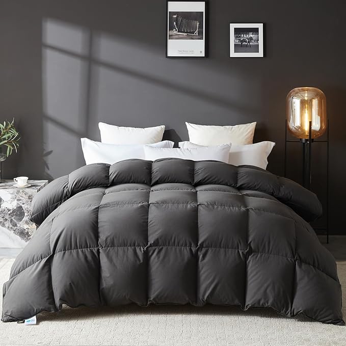 L LOVSOUL Goose Feather Down Fiber Comforter Oversize Queen Size, 100% Organic Cotton Fabric Duvet Insert,1200TC,750+Fill Power, Hotel Collection, All Season Grey Bedding Comforters with 8 Tabs
