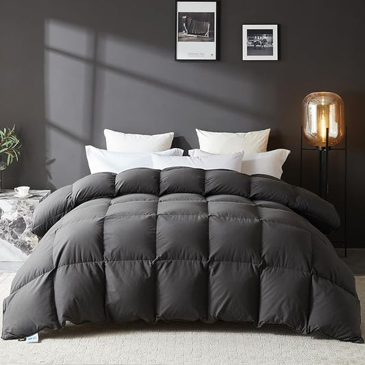 L LOVSOUL Goose Feather Down Fiber Comforter Oversize Queen Size, 100% Organic Cotton Fabric Duvet Insert,1200TC,750+Fill Power, Hotel Collection, All Season Grey Bedding Comforters with 8 Tabs