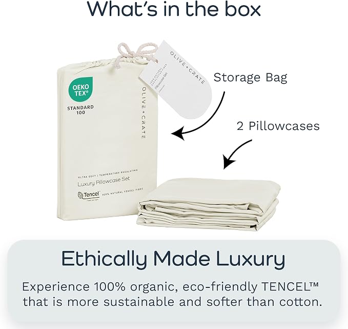 Olive + Crate Tencel Eucalyptus Pillowcases - 100% Tencel Lyocell Cooling Pillow Cases for Hot Sleepers - Hypoallergenic, Moisture-Wicking, Silk Alternative, Vegan - Queen Size Set of 2 [Ivory]