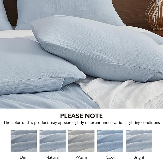 EMME Muslin Cotton Duvet Cover Set Blue Twin Size Linen Like Soft Breathable Lightweight Summer Comforter Cover Set with Zipper Closure (Blue, Twin, 68"x90")