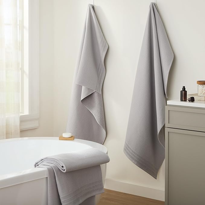 Town & Country Basics 4-Piece Waffle Woven Terry Stripe Bath Towel Set, 30x56-Inch, 100% Cotton, Quick Dry, Gray