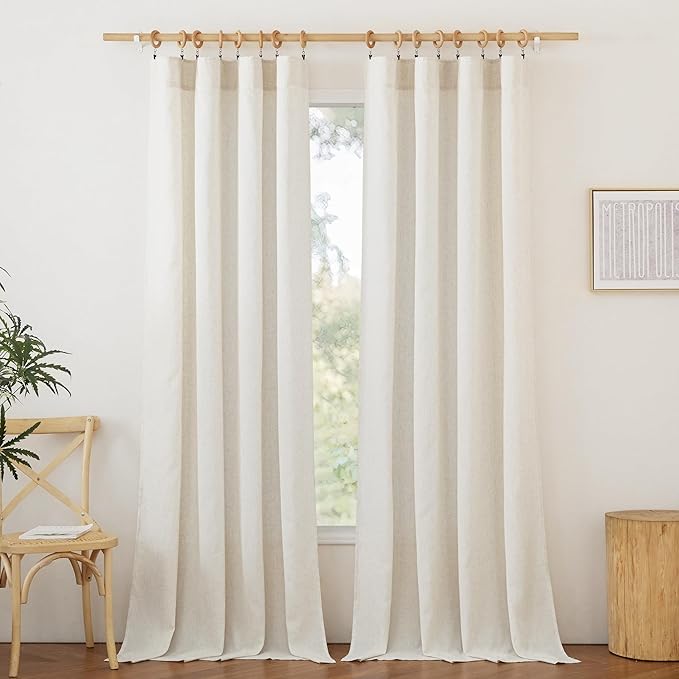 NICETOWN Natural Linen Curtains 132 inches Long, Rod Pocket & Back Tab Thick Flax Textured Privacy Added Window Treatments with Light Filter Drapes for Living Room, W55 x L132, 2 Panels