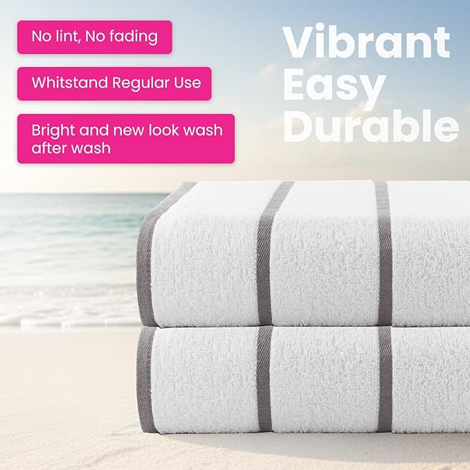 CASA COPENHAGEN Cabana Pool 4Pcs 100% Egyptian Cotton Large Designer Beach Towels Gift Set- White Ash, 500GSM, 55"x27", 4 Beach Bath Towels (Box Pack, Set for Women & Men)