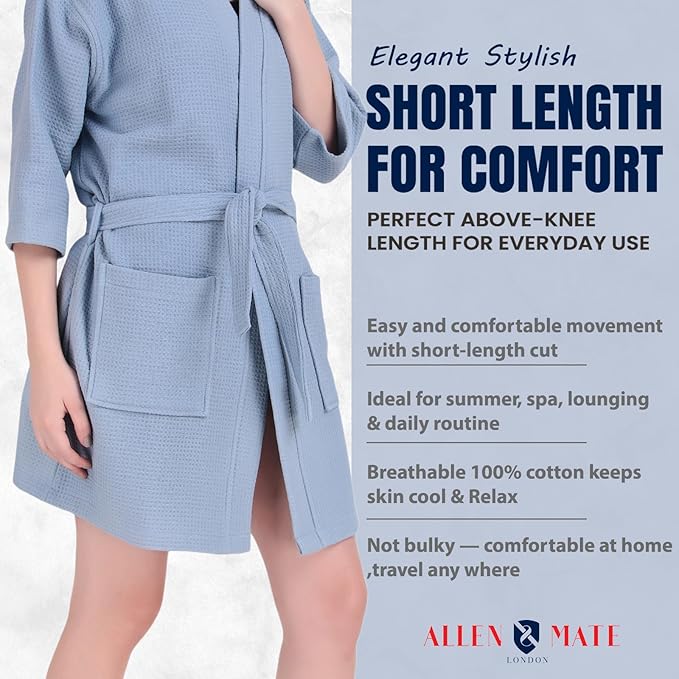 ALLEN & MATE 100% Cotton Women's Short Robe Dual Fabric Waffle Outside & Terry Towel Inside Kimono Bathrobe Medium Weight