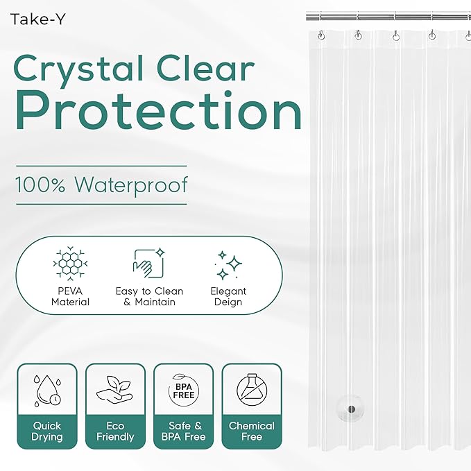 Clear Shower Curtain Liner, Premium PEVA, 72"x72", 100% Waterproof with Rustproof Grommets, Weighted, Quick Dry, Modern Style, 12 Hooks Included, Lightweight Standard Size,Odorless Plastic, Luxury