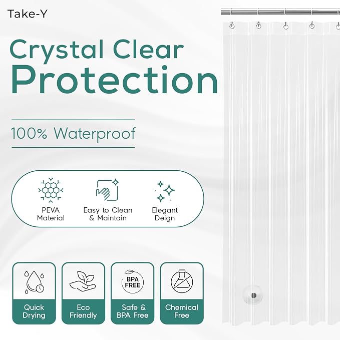 Clear Shower Curtain Liner, Premium PEVA, 72"x72", Waterproof with Rustproof Grommets, Weighted, Quick Dry, Modern Style, 12 Hooks Included, Lightweight Standard Size,Odorless Plastic