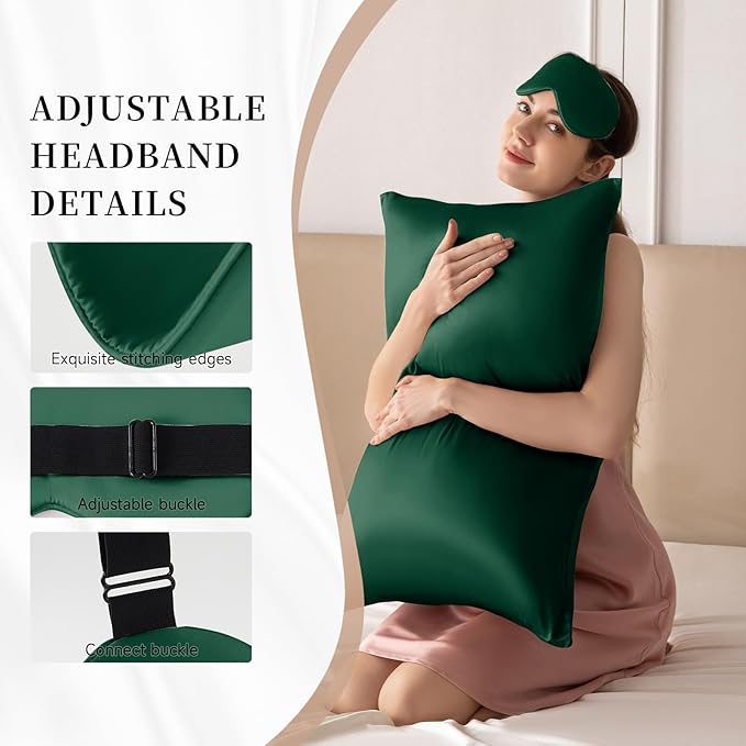 THXSILK Sleep Mask 100% 19 Momme Pure Mulberry Silk Super Smooth Cooling Sleep Eye Mask Blackout for Women/Man/Kids Eye Cover with Wide Head Strap Good Night Sleep Comfortable Travel Nap Emerald Green