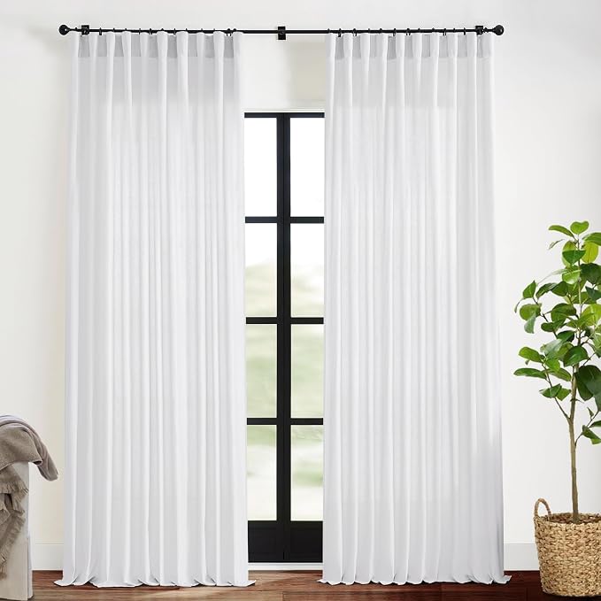 XTMYI 70 Inch Wide White Back Tab/Hook Belt Linen Cotton Sheer Curtains for Bedroom,2 Panels,96 Inch Length