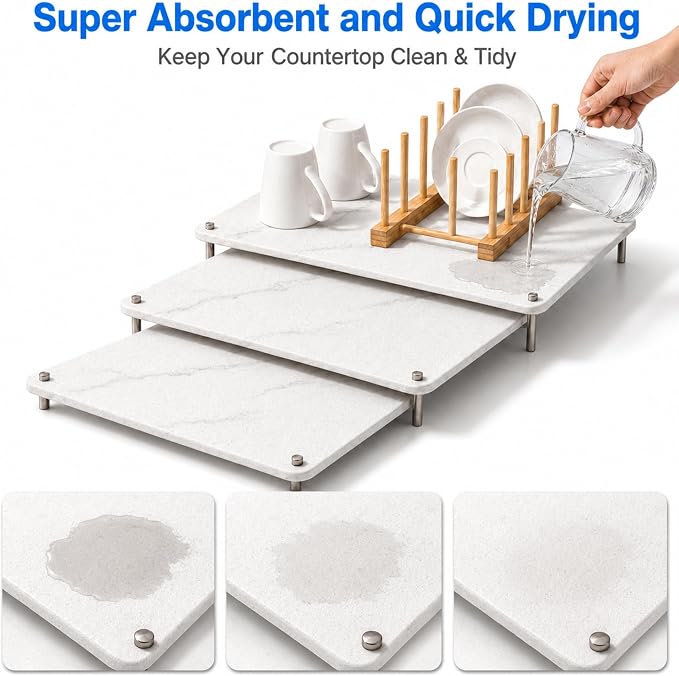 3 Tiers Large Nesting Stone Dish Drying Mats (24"x16" & 20"x16" & 16''x 12'') with Bamboo Dish Rack for Kitchen Counter, White Nestable Diatomaceous Earth Drying Mats with Non-Slip Feet